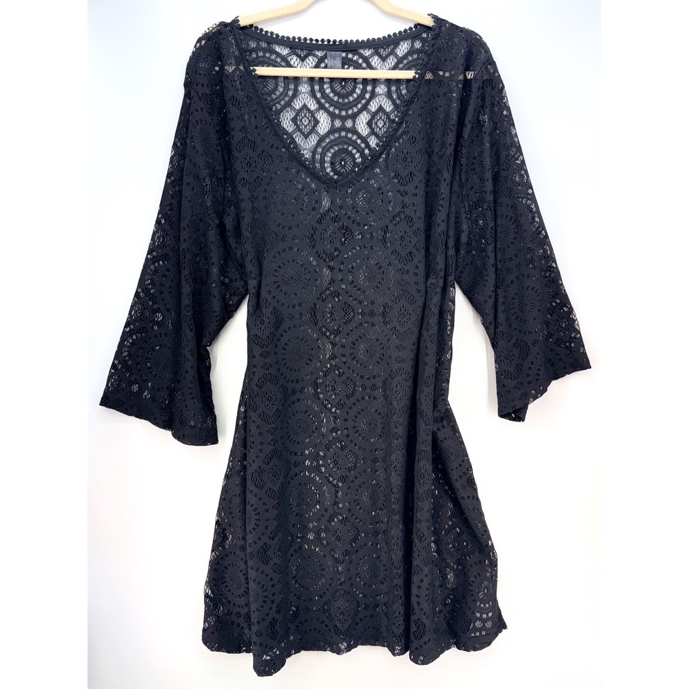 Sheer Black Crochet Lace Resort Tunic Dress Sz 3X Boho Goth Old Money Swim Cover